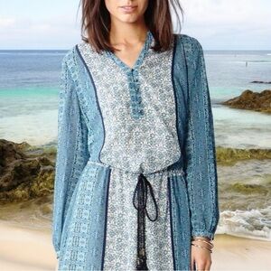 Forever 21 Bohemian Blue Long Bubble Sleeve Sheer Draw String Waist Midi Dress